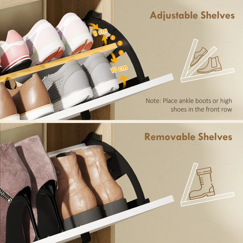 HOMCOM Shoe Cabinet with 2 Flip Drawers, 3 Side Compartments, Adjustable Shelves, 8-12 Pairs for Entryway Hallway, Natural
