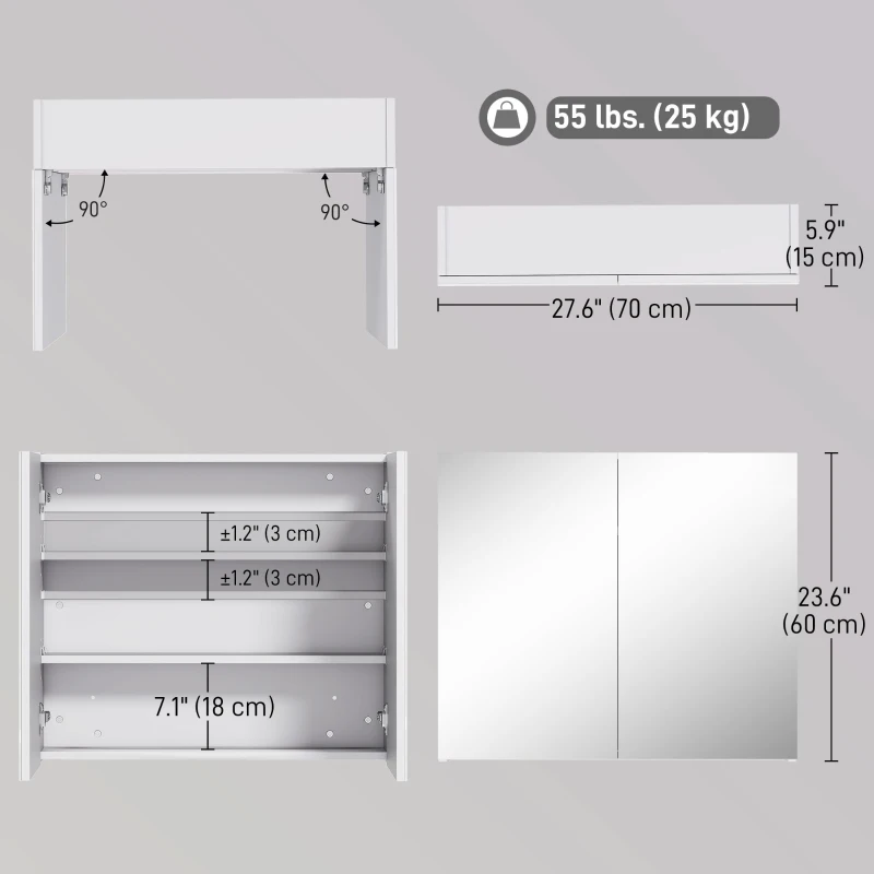 HOMCOM Wall Mount Mirrored Medicine Cabinet, Bathroom Mirror Cabinet with Adjustable Shelf, Double Soft Closing Doors, Light Lilac