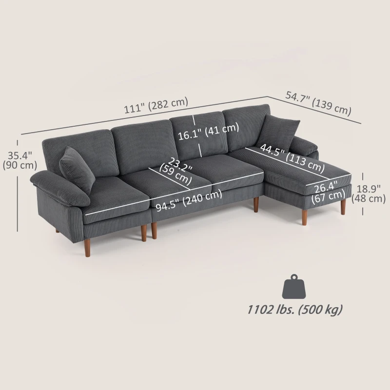 HOMCOM L-Shape Sofa, Modern Sectional Couch with Changeable Chaise Lounge, Pillows and Wooden Legs for Living Room, Dark Grey