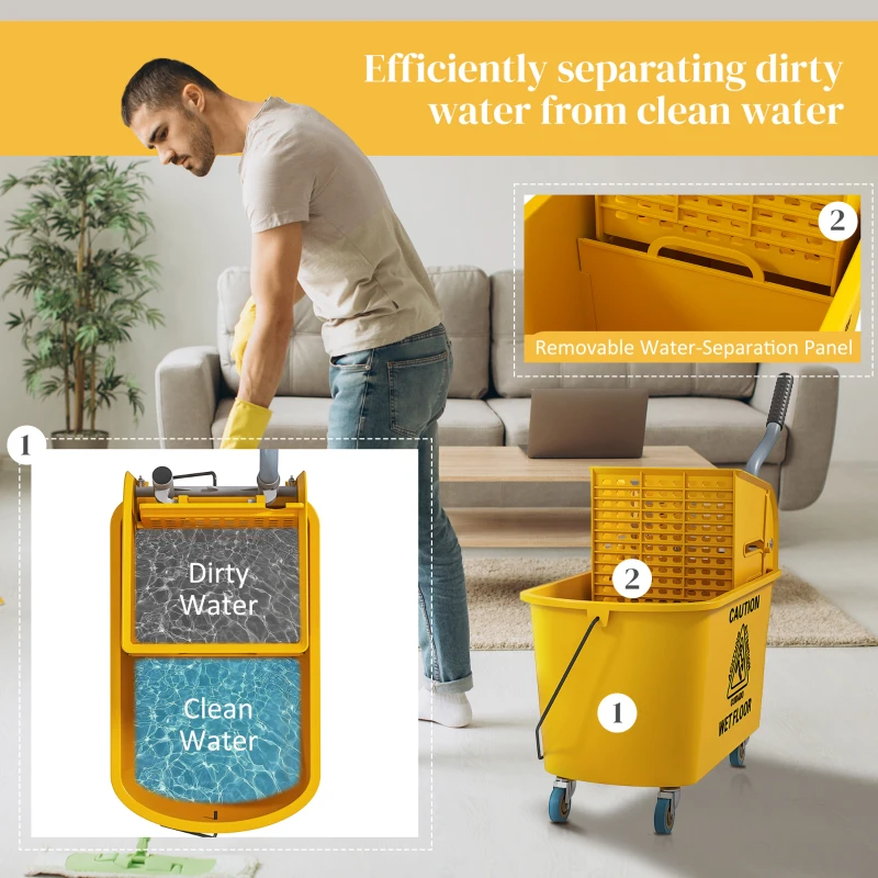 HOMCOM Mop Bucket with Wringer on Wheels for Floor Cleaning, 21 Quart Side Press Wringer with Handle and Mop, Yellow