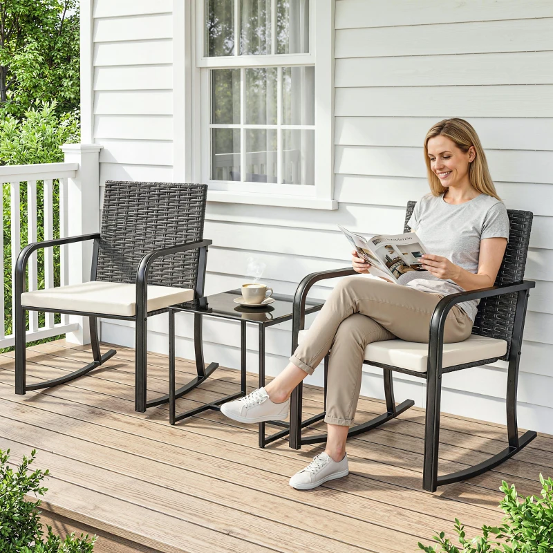 Outsunny 3 Pieces Rocking Bistro Set Outdoor Patio Furniture Set with Cushions, Glass Coffee Table for Balcony, Cream White