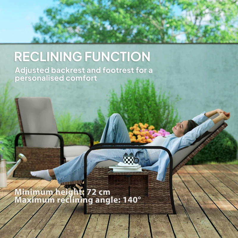 Outsunny Wicker Outdoor Recliner Chair, Reclining Lounge Chair with Adjustable Backrest, Footrest and Side Tray, Light Grey