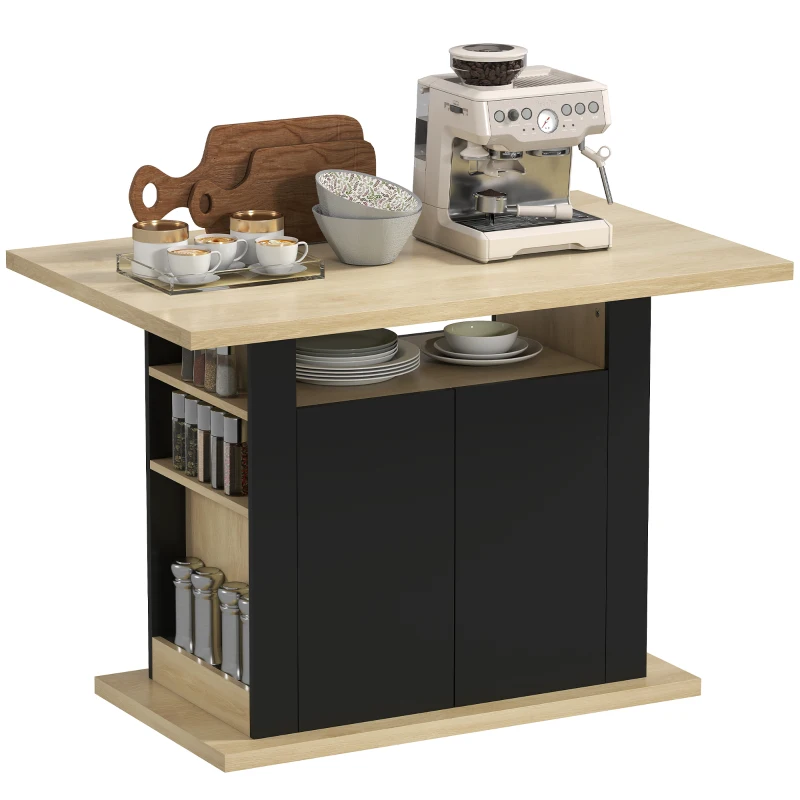 HOMCOM Kitchen Island Dining Table with Storage Cabinet, Large Tabletop for 4 People, 4-Door Cupboard & Shelves, Black