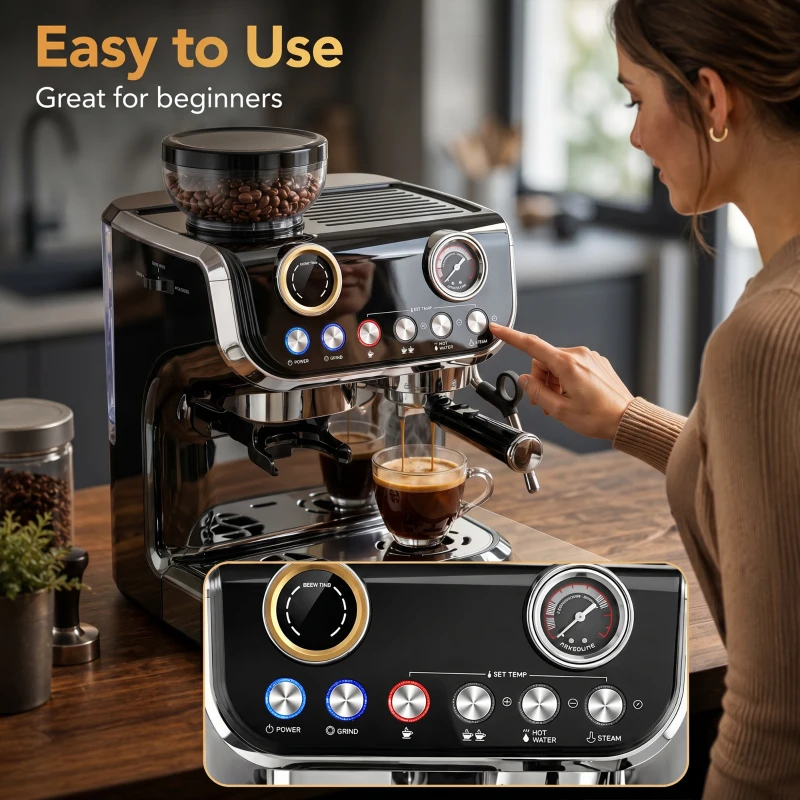 HOMCOM 15 Bar Coffee Maker Espresso Machine with Grinder Milk Frother Stainless Steel Espresso Maker for Cappuccino Latte Black