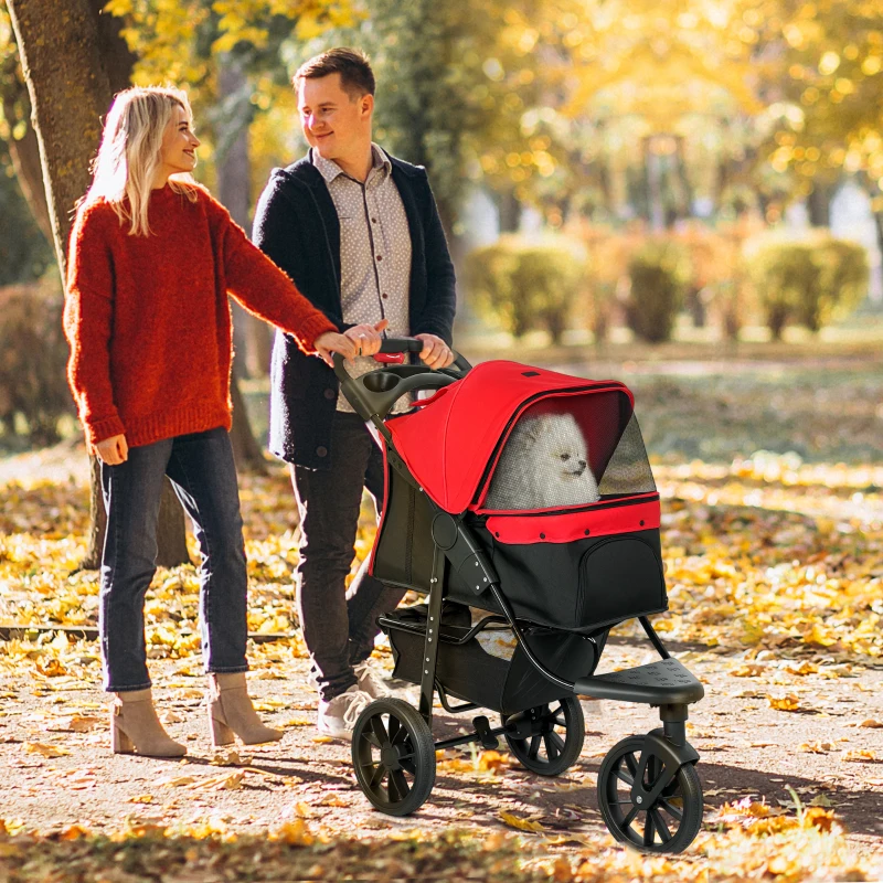 PawHut 3 Wheel Folding Dog Stroller, Travel Carrier with Adjustable Canopy, Storage Brake, Mesh Window for S&M Dogs, Red