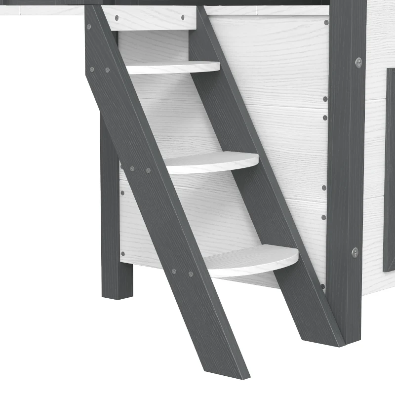 PawHut Wooden 2-Story Shelter for Feral Cats with Asphalt Roof, Stairs, Balcony, 30" x 20" x 29", White