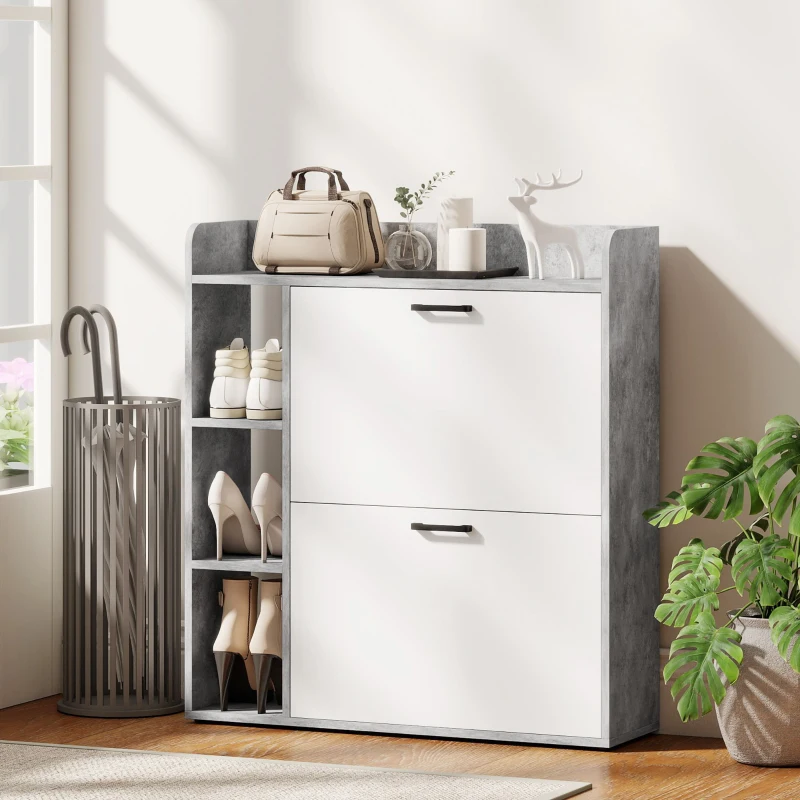 HOMCOM Shoe Cabinet with 2 Flip Drawers, 3 Side Compartments, Adjustable Shelves, 8-12 Pairs for Entryway Hallway, Grey