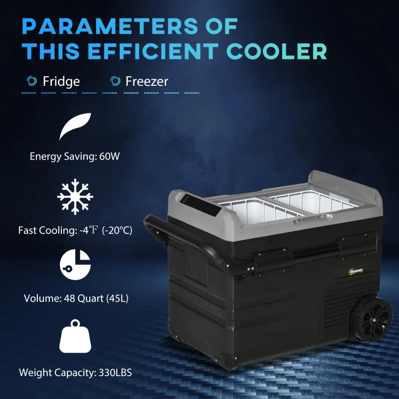 Outsunny 12 V Car Fridge, 2 Zone 48 Quart Portable Compressor Electric Cooler with Wheels, Pull-up Handle, Cutting Board, 12/24 V DC and 110 - 240 V AC for Outdoor, Driving, Travel