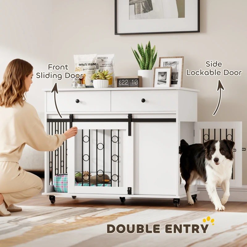 PawHut 39" Dog Crate Furniture, Dog Kennel Indoor with 2 Drawers, Wheels, Sliding Door, Dog Cage for Medium Large Dogs, Oak