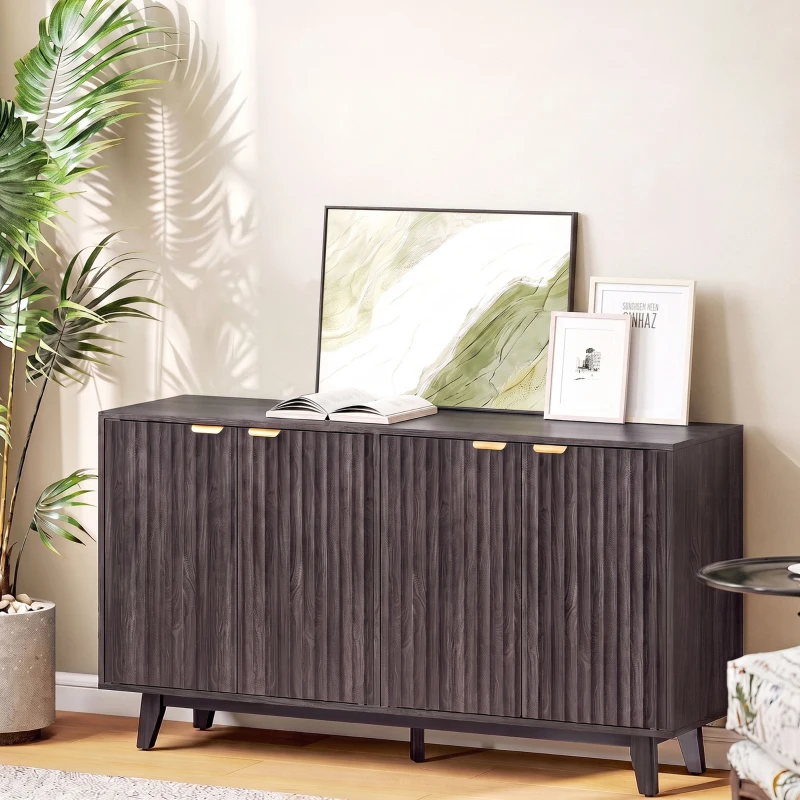 HOMCOM Fluted Sideboard Buffet Cabinet, 55" Coffee Bar Cabinet with 4 Doors, 2 Adjustable Shelves, 5 Wood Legs, Dark Gray
