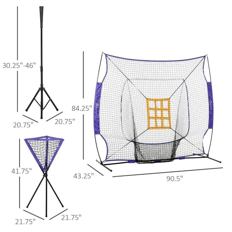 Soozier Baseball Practice Net Set with 7.5x7ft Catcher Net, Ball Caddy and Batting Tee, Portable Pitching Net with Carry Bag for Hitting, Pitching, Batting, Catching, Purple