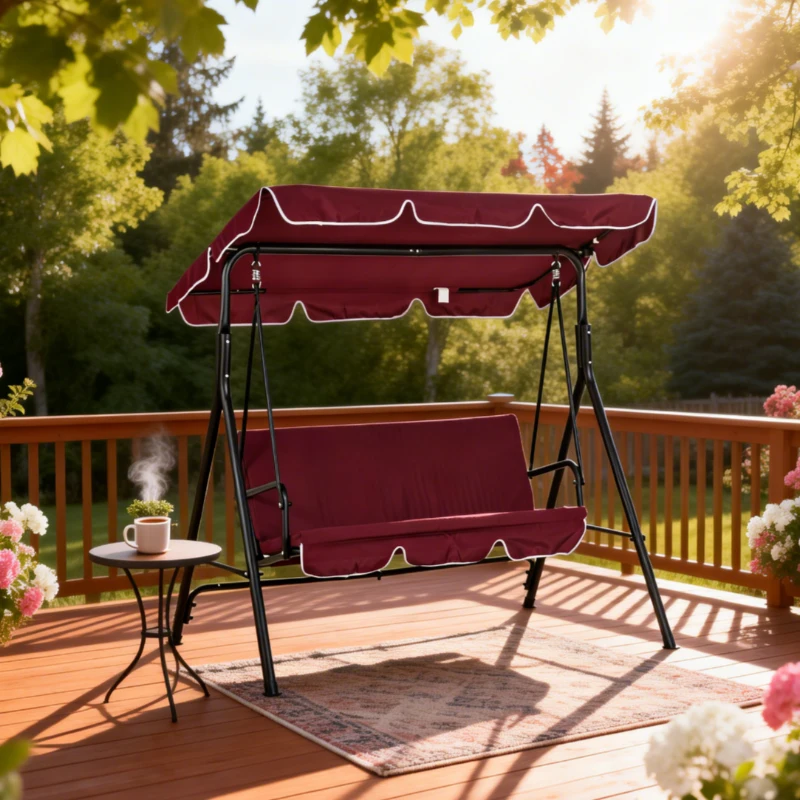 Outsunny 3-Seater Outdoor Swing with Adjustable Canopy, Patio Swing Chair for Garden, Poolside, Backyard, Wine Red
