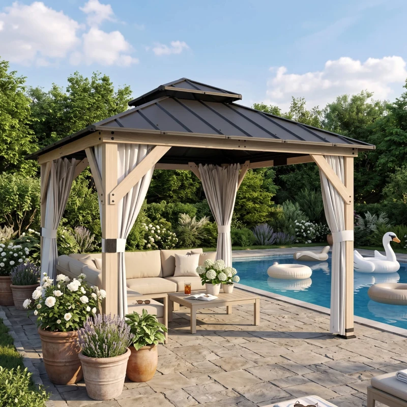 Outsunny 10 x 10 Hardtop Gazebo with Curtains, Wood Patio Gazebo with Double Steel Roof, Hook, Light Grey
