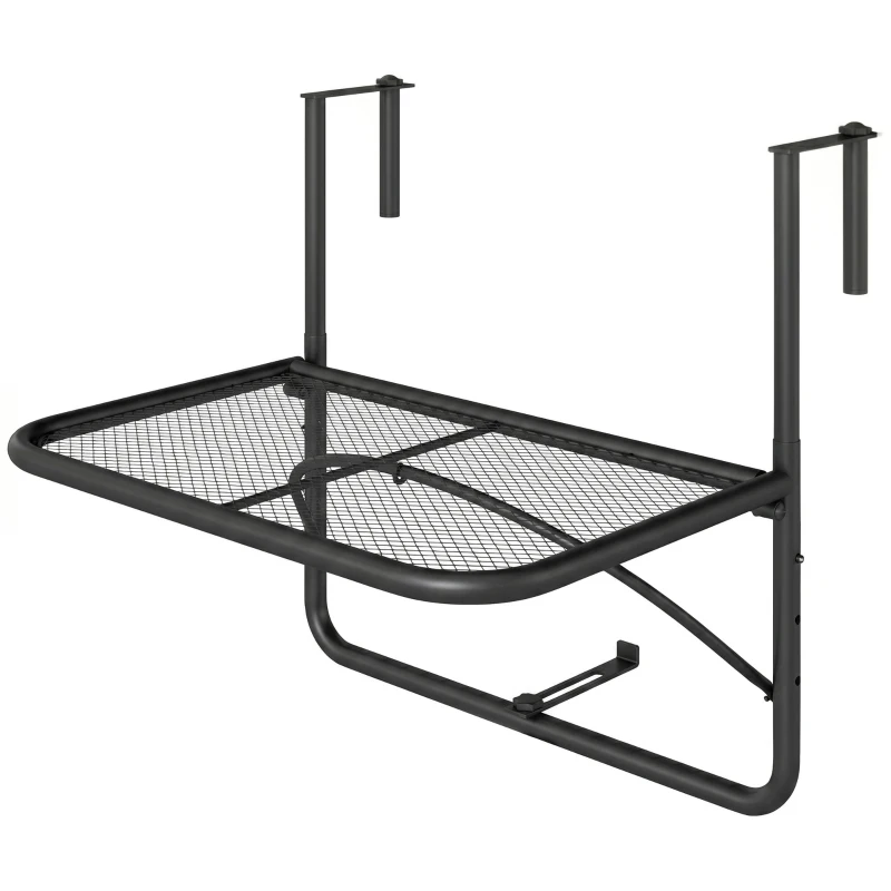 Outsunny Adjustable Balcony Hanging Railing Table, Metal Mounting Mini Wall Desk Storage Rack, Outdoor Flower Stand Serving Table Rectangle, Black