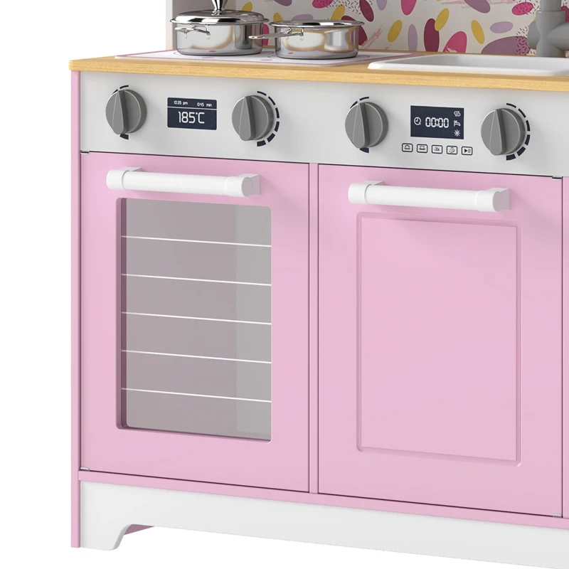 Qaba Play Kitchen, Kids Kitchen Playset with Coffee Maker, Ice Maker, Clicking Knobs, Storage, Accessories for 3-8 Years
