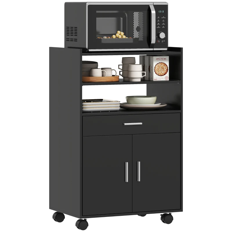 HOMCOM Microwave Cart with Wheels, Microwave Stand with Worktop, Open Shelves and Drawer, Storage Cabinet, Black