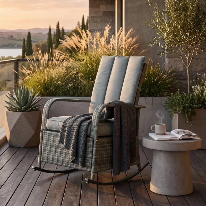 Outsunny Outdoor Wicker Rocking Chair with Cushion, Patio PE Rattan Recliner Chair with Adjustable Footrest, Armrests, Mixed Grey