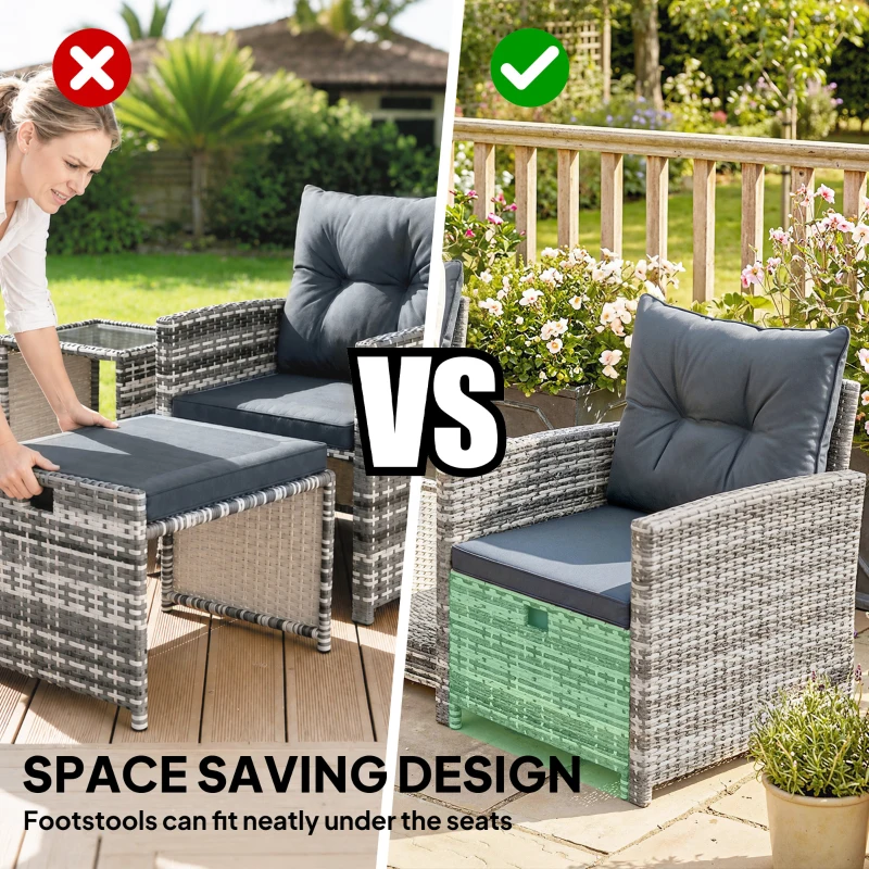 Outsunny 5 Piece Patio Furniture Set, Wicker Patio Chairs with Ottomans, 2-Tier Glass Coffee Table and Cushions, Grey/Dark Grey