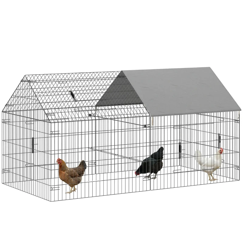 PawHut Metal Chicken Coop, Large Chicken Run with Water-Resistant & Anti-UV Cover for 2-3 Hens, Outdoor Hen House with 4 Doors