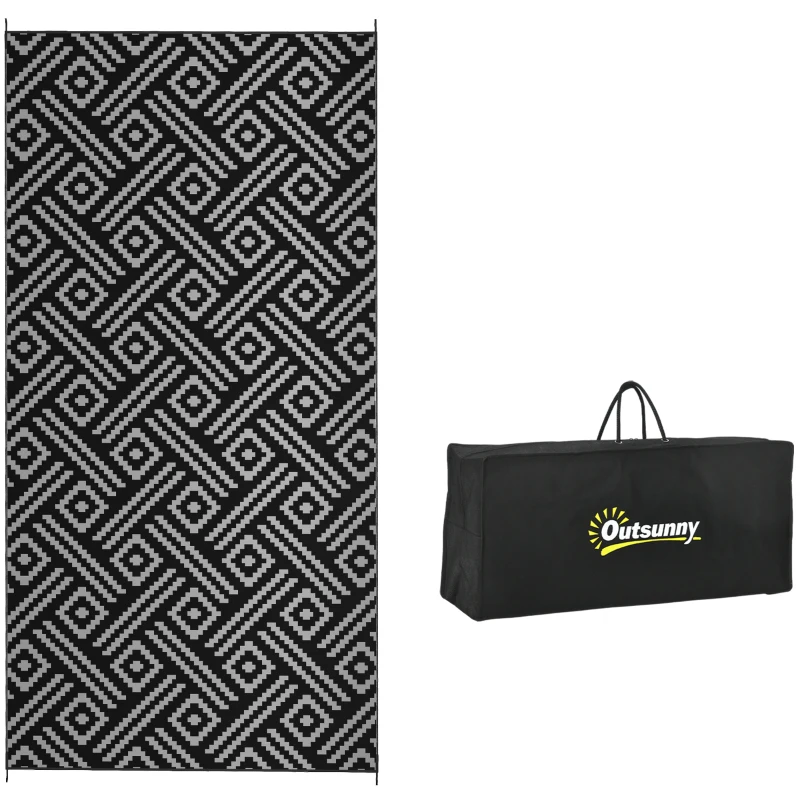 Outsunny Reversible Outdoor Rug Waterproof Plastic Straw RV Rug with Carry Bag, 9' x 18', Black and Grey Geometric