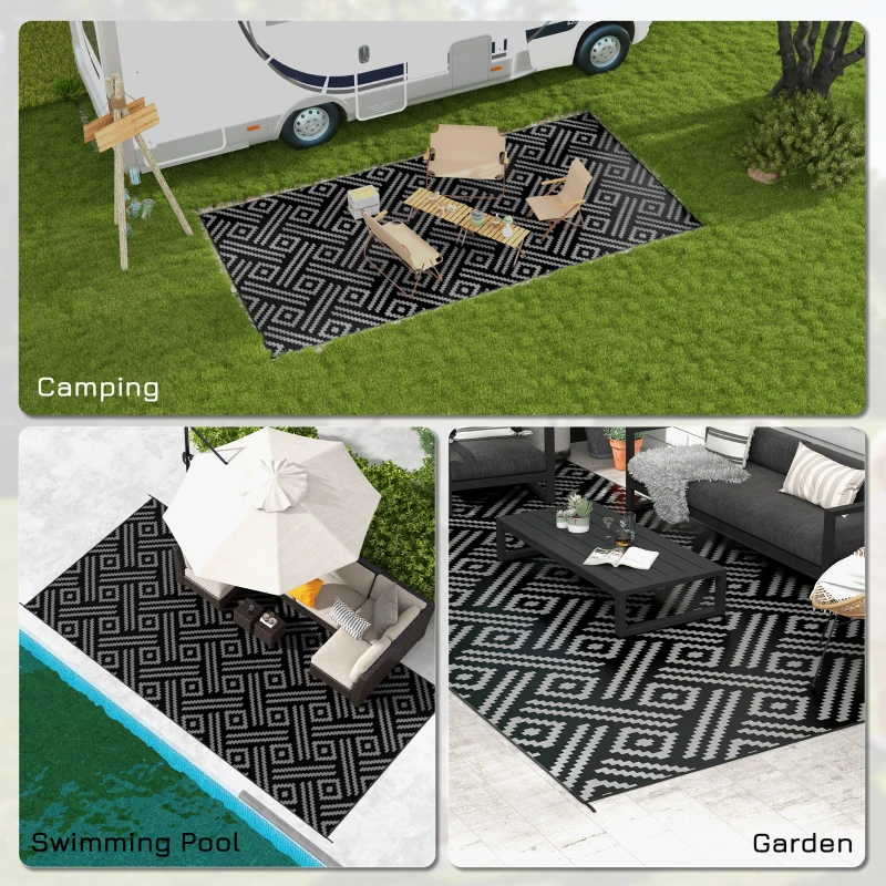 Outsunny Reversible Outdoor Rug Waterproof Plastic Straw RV Rug with Carry Bag, 9' x 18', Black and Grey Geometric