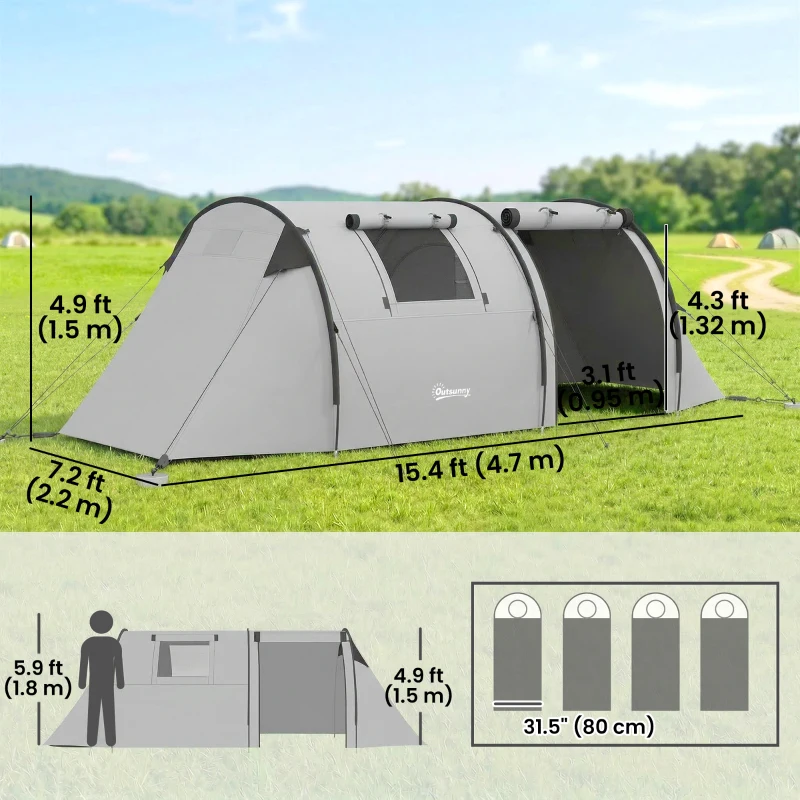 Outsunny 3-4 Person Camping Tent with 2 Rooms, 3000mm Waterproof Portable Family Tent with Carry Bag, Grey