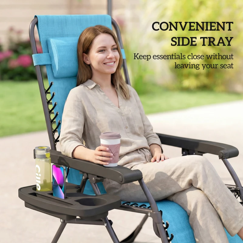 Outsunny Zero Gravity Chair Set of 2, Folding Reclining Outdoor Lounge Chair with Cup Holder, Headrest, Sky Blue