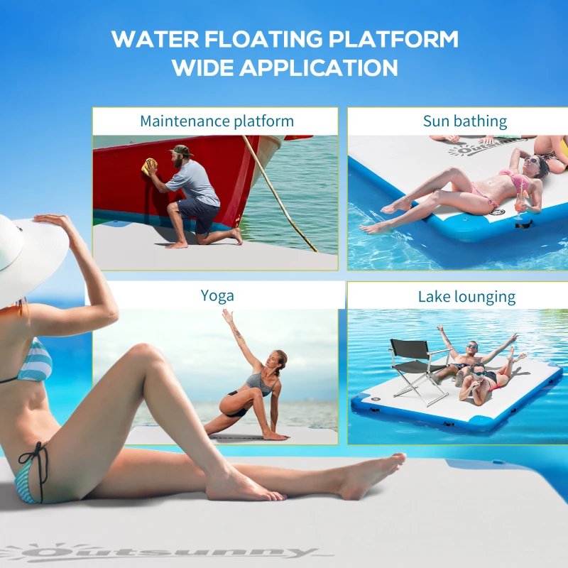 Outsunny 10' x 7' Water Floating Dock, Rafting Inflatable Island with Air Pump and Backpack for Pool, Beach, Ocean, Blue