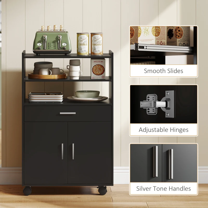 HOMCOM Microwave Cart with Wheels, Microwave Stand with Worktop, Open Shelves and Drawer, Storage Cabinet, Black
