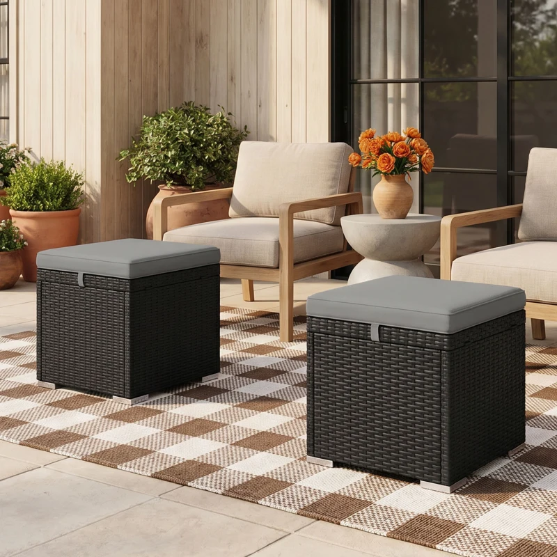 Outsunny 2 Pieces Wicker Outdoor Ottoman with Storage, Cushion, Square Outdoor Footstool, Seating, Side Table, Light Grey