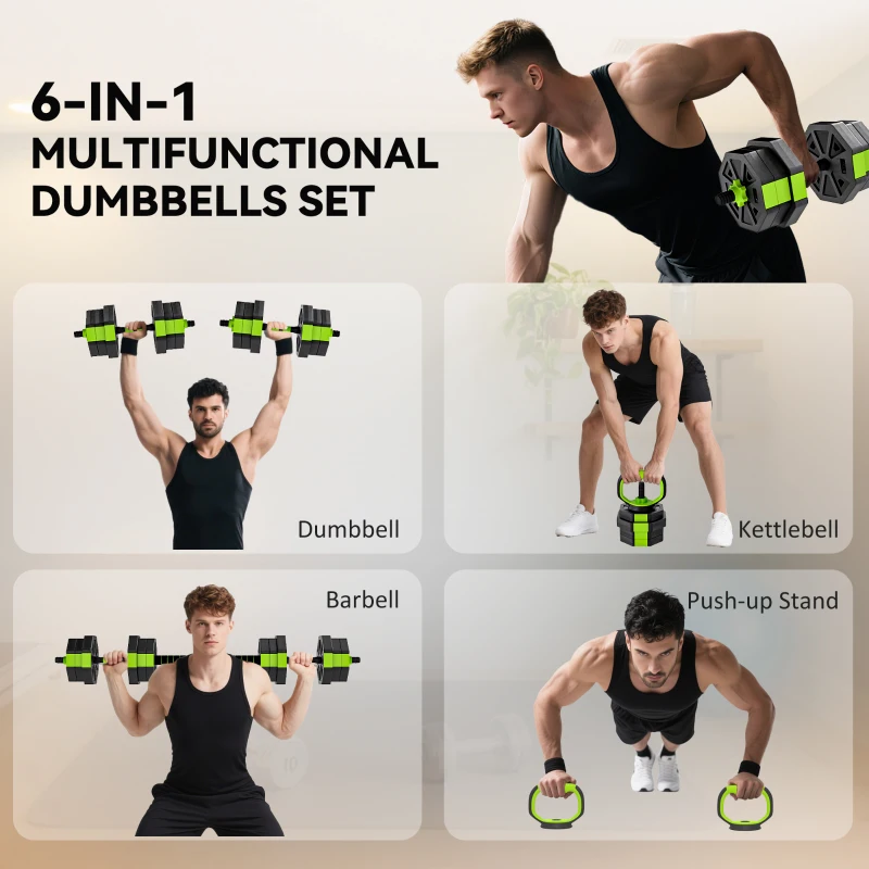 Soozier 6-in-1 Adjustable Dumbbell Set, Used as Kettlebell, Barbell, Dumbbell, Push-Up Stand, 44lbs Free Weights Set, Green