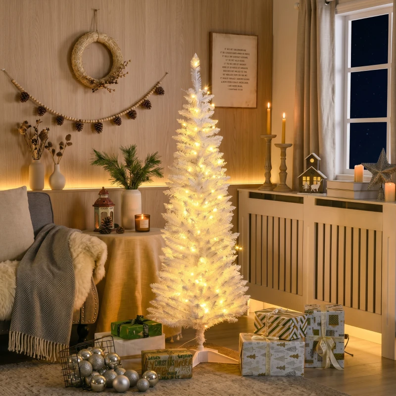 HOMCOM 5ft Pencil Christmas Tree, Slim Artificial Christmas Tree with Realistic Branches and Warm White LED Lights, White