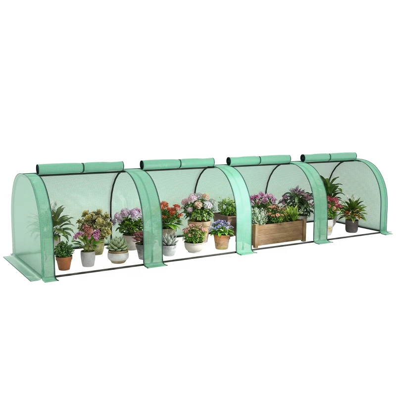Outsunny 13' L x 3' W x 2.5' H Portable Tunneled Greenhouse with 4 Zippered Doors, Water/UV Fighting PE Cover, Green