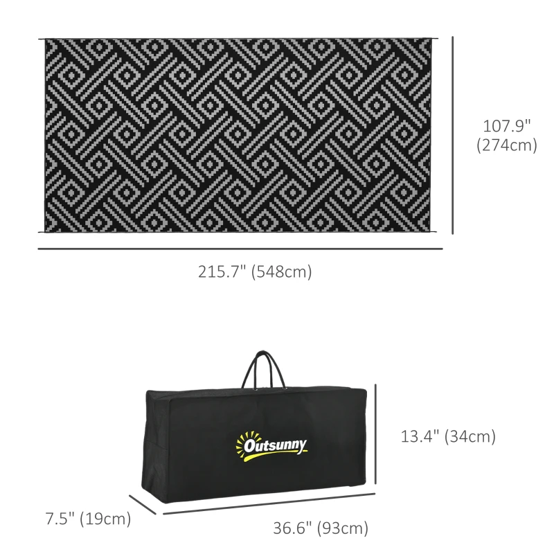 Outsunny Reversible Outdoor Rug Waterproof Plastic Straw RV Rug with Carry Bag, 9' x 18', Black and Grey Geometric