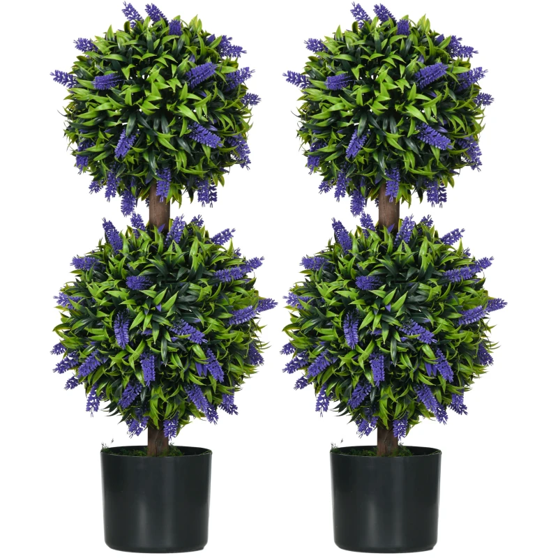 HOMCOM 2.3ft Set of 2 Artificial Plants, Lavender Flowers Ball Trees with Pot, for Home Indoor Outdoor Decor