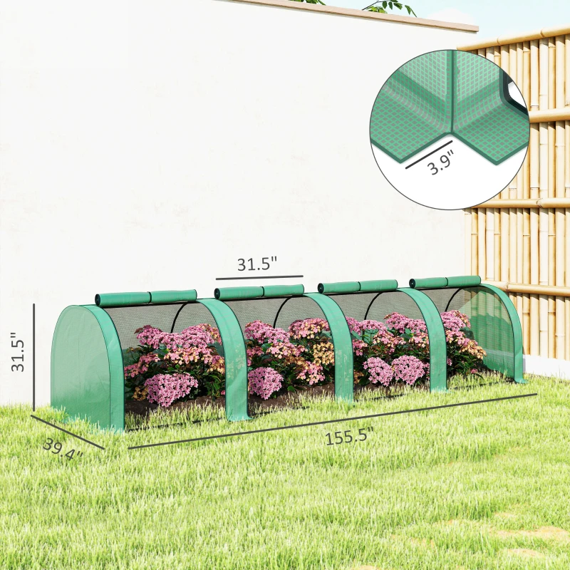 Outsunny 13' L x 3' W x 2.5' H Portable Tunneled Greenhouse with 4 Zippered Doors, Water/UV Fighting PE Cover, Green