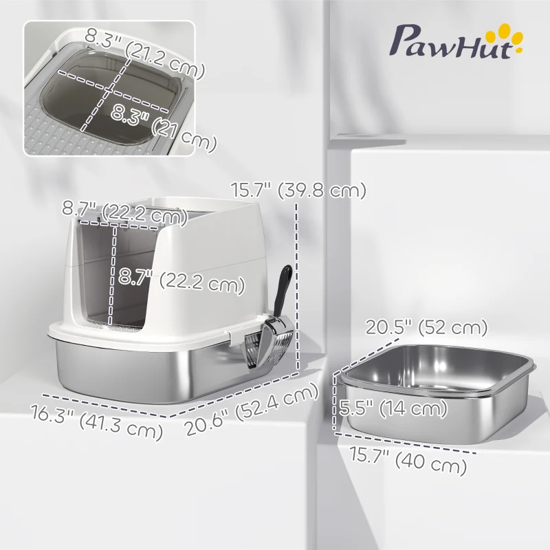 PawHut Large Stainless Steel Litter Box, Enclosed Metal Cat Litter Tray with Scoop, Deodoriser Bag, Front-Entry and Top-Exit