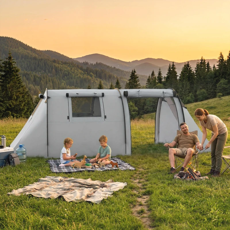 Outsunny 3-4 Person Camping Tent with 2 Rooms, 3000mm Waterproof Portable Family Tent with Carry Bag, Grey