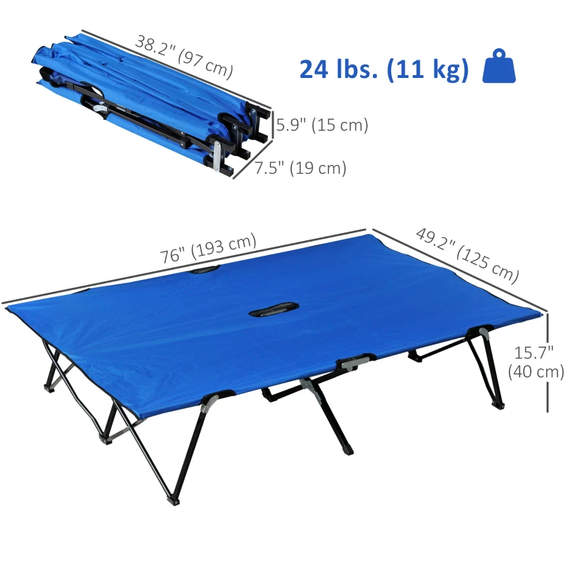 Outsunny 76" Two Person Folding Camping Cot Outdoor Portable Double Cot Wide Military Sleeping Bed w/ Carrying Bag Blue