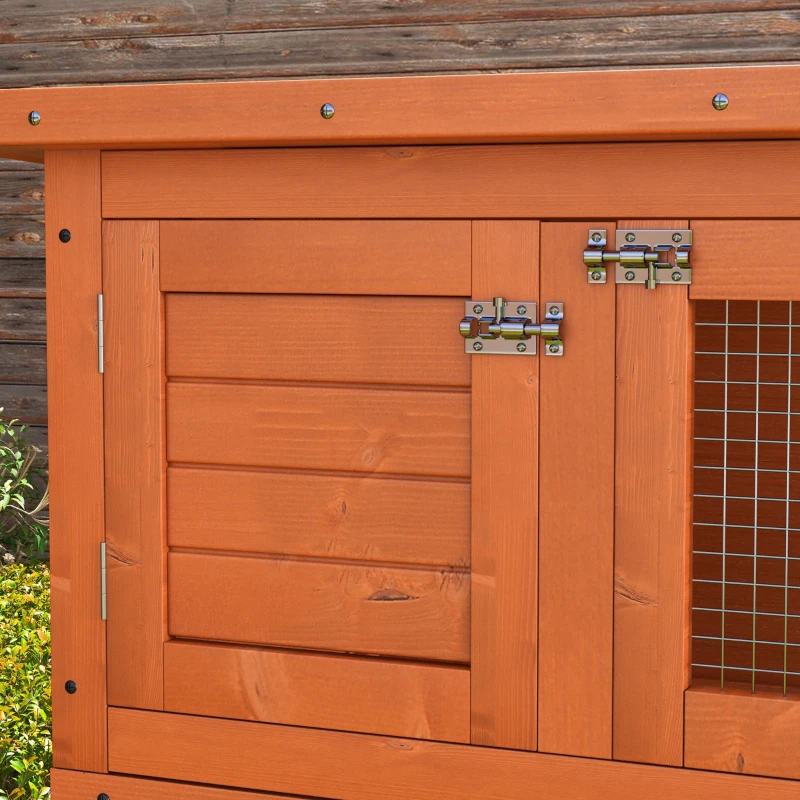 PawHut 2-Tier Wooden Rabbit Hutch Small Animal House Bunny Pet Cage with 2 Main Rooms, Sliding Tray, Opening Top, Yellow
