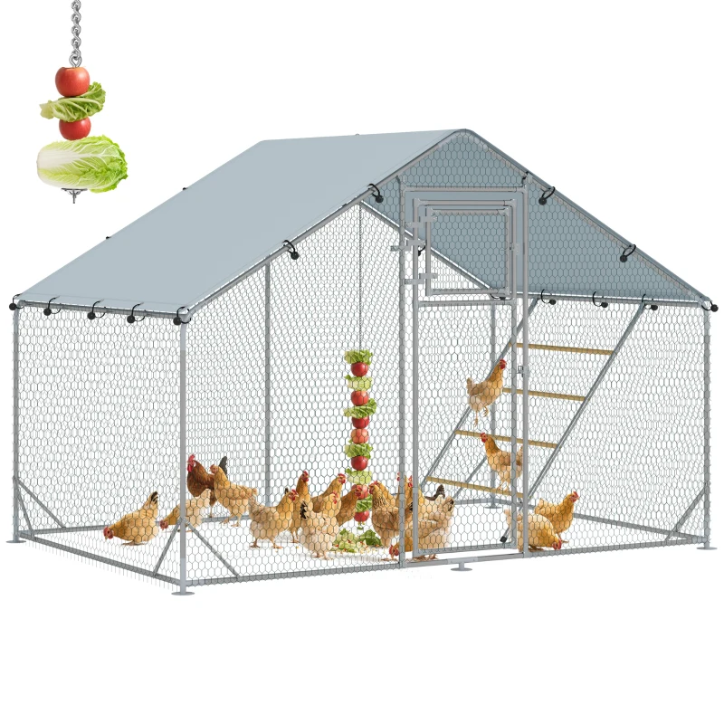 PawHut Large Metal Chicken Run with Waterproof & UV-Resistant Cover, Feeding Door, Hanging Feeder, Perch for 6-8 Chickens