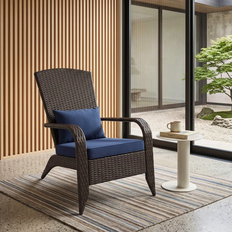 Outsunny Patio Wicker Adirondack Chair, Outdoor Rattan Muskoka Chair with Cushions for Patio, Garden, Backyard Dark Blue