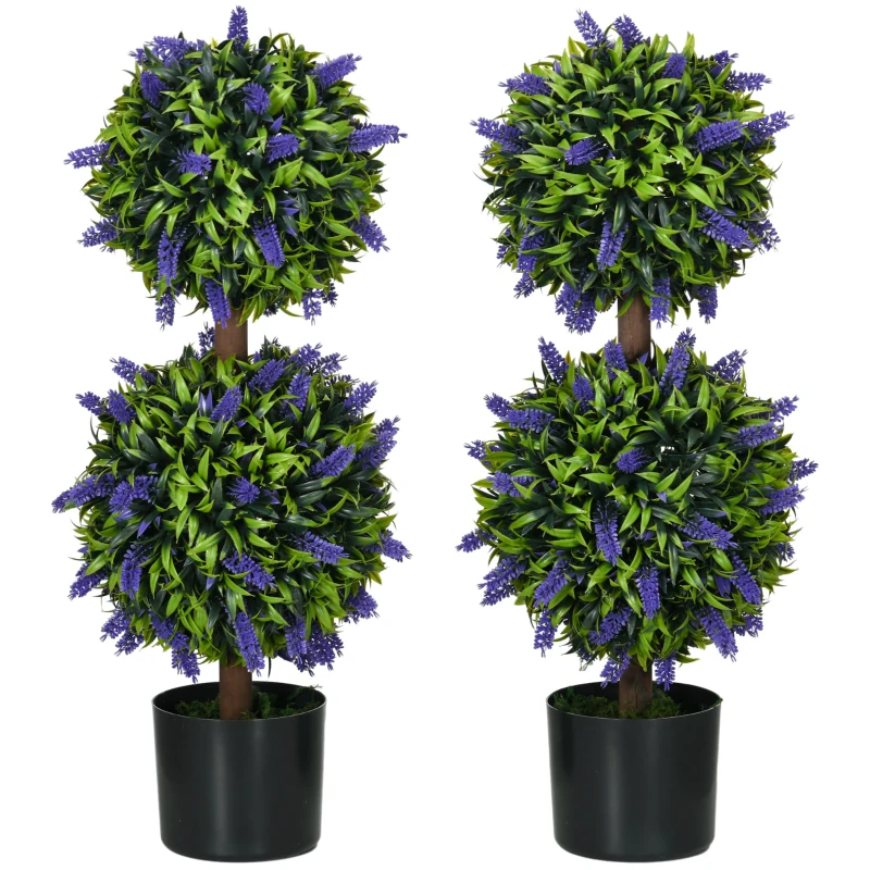 HOMCOM 2.3ft Set of 2 Artificial Plants, Lavender Flowers Ball Trees with Pot, for Home Indoor Outdoor Decor