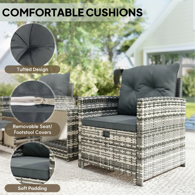 Outsunny 5 Piece Patio Furniture Set, Wicker Patio Chairs with Ottomans, 2-Tier Glass Coffee Table and Cushions, Grey/Dark Grey
