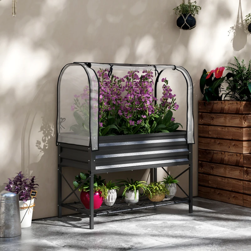 Outsunny Raised Garden Bed with Cover, Metal Elevated Planter Box with Bottom Shelf and Liner, Black