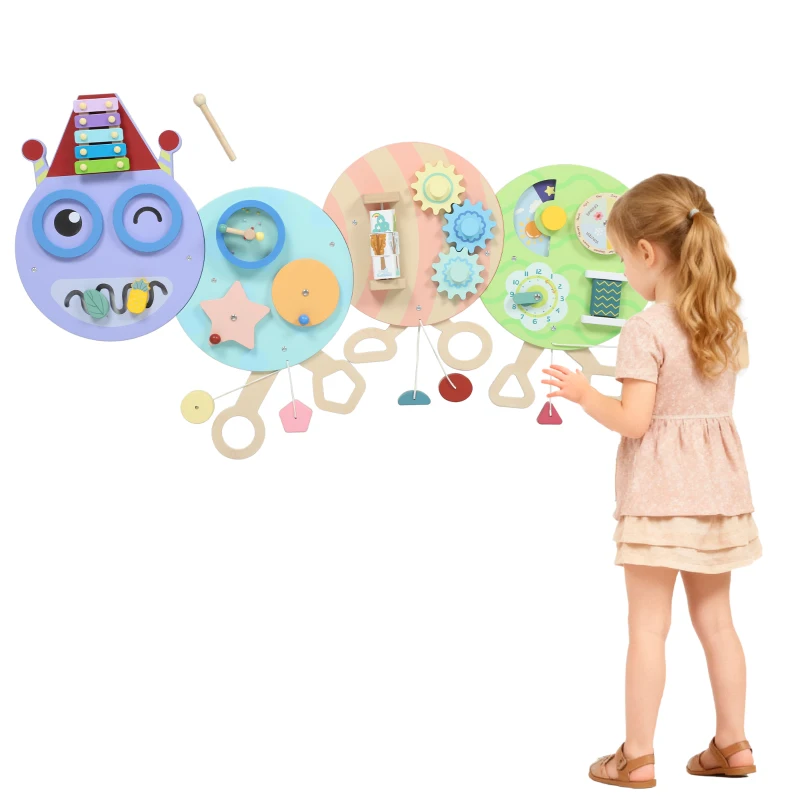 Qaba Caterpillar Montessori Busy Board, 7 in 1 Sensory Wall for Playroom Nursery Classroom, for Toddlers 3+ Years