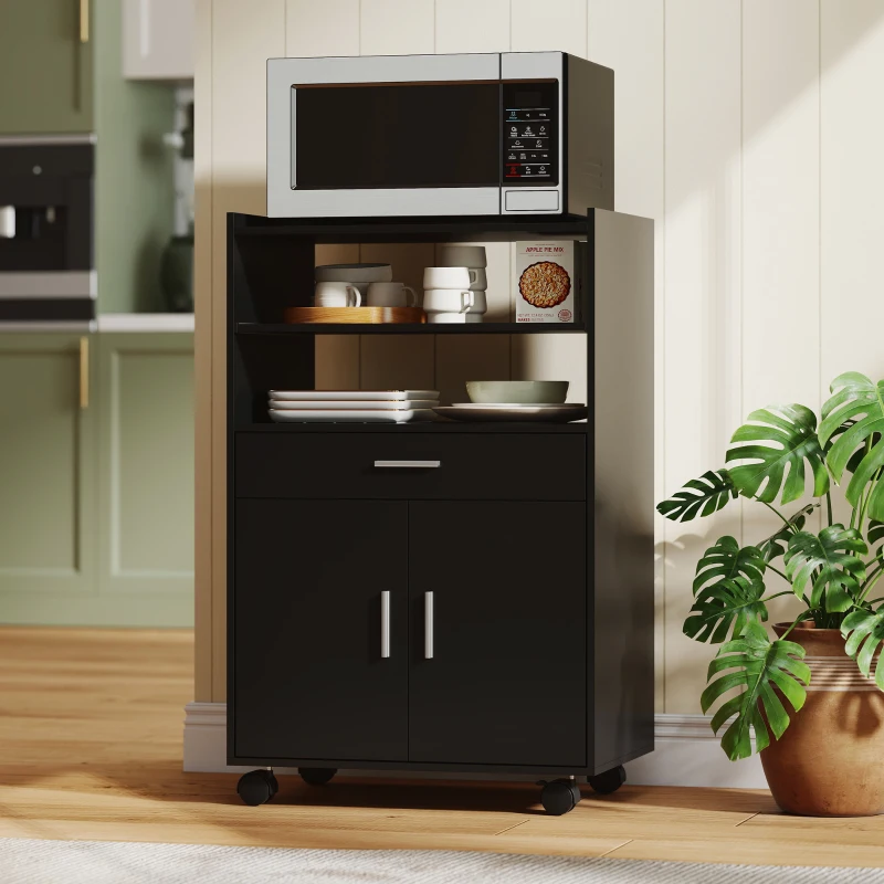 HOMCOM Microwave Cart with Wheels, Microwave Stand with Worktop, Open Shelves and Drawer, Storage Cabinet, Black