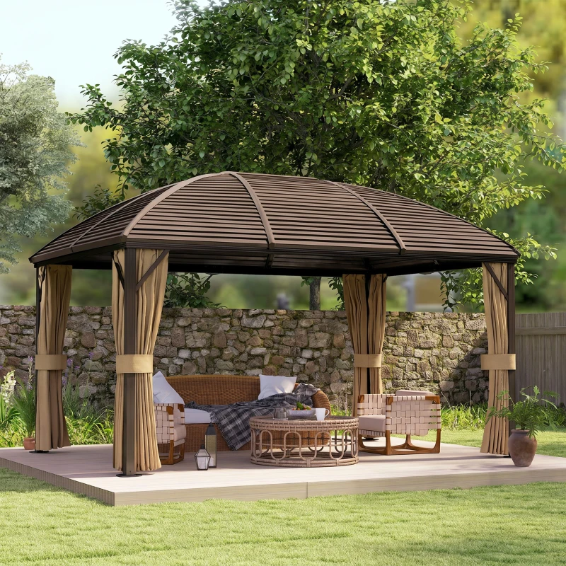 Outsunny 10' x 13' Hardtop Gazebo Aluminum Outdoor Canopy with Mesh Nettings, Curtains, Brown