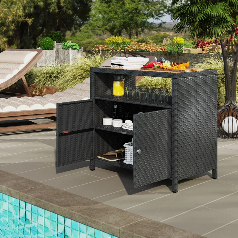 Outsunny Outdoor Storage Cabinet with Acacia Wood Top, Two Doors, Shelf, Wicker Bar Table for Pool Towel Storage, Black