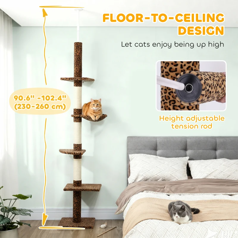 PawHut 8.5ft Cat Climbing Tree 5-Tier Kitty Activity Center with Scratching Post, Leopard Print